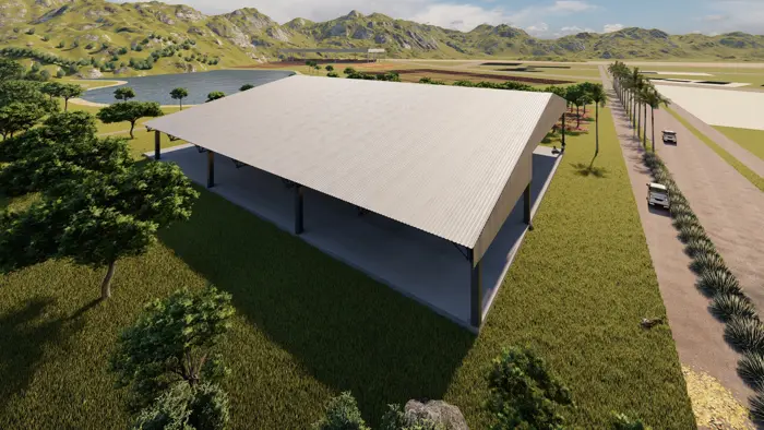 Vista aérea do modelo 3D de um galpão aberto com cobertura em duas águas